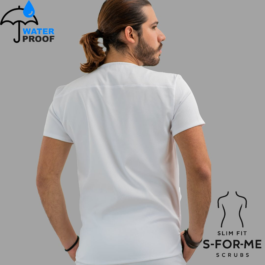 Back view of mens 501 white tailored scrub top - SFORME