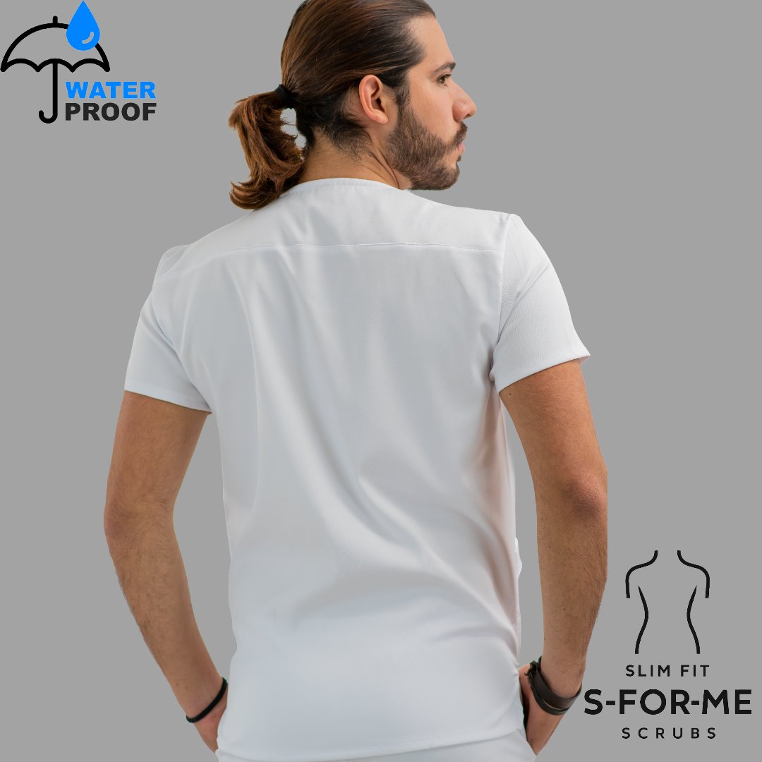 Back view of mens 501 white tailored scrub top - SFORME