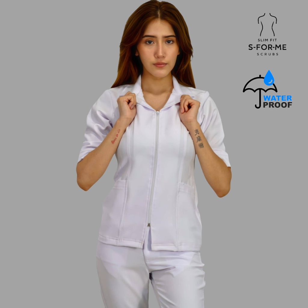 Women's Alviero White 3/4 Sleeve Zip Scrub Top