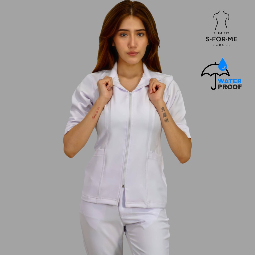 Women's Alviero White 3/4 Sleeve Zip Scrub Top