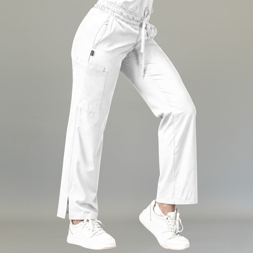 Side view of women's 502 white scrub pants showing cargo pocket and side slit hem — lightweight fluid-resistant nursing pants by S-FOR-ME