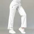 Side view of women's 502 white scrub pants showing cargo pocket and side slit hem — lightweight fluid-resistant nursing pants by S-FOR-ME