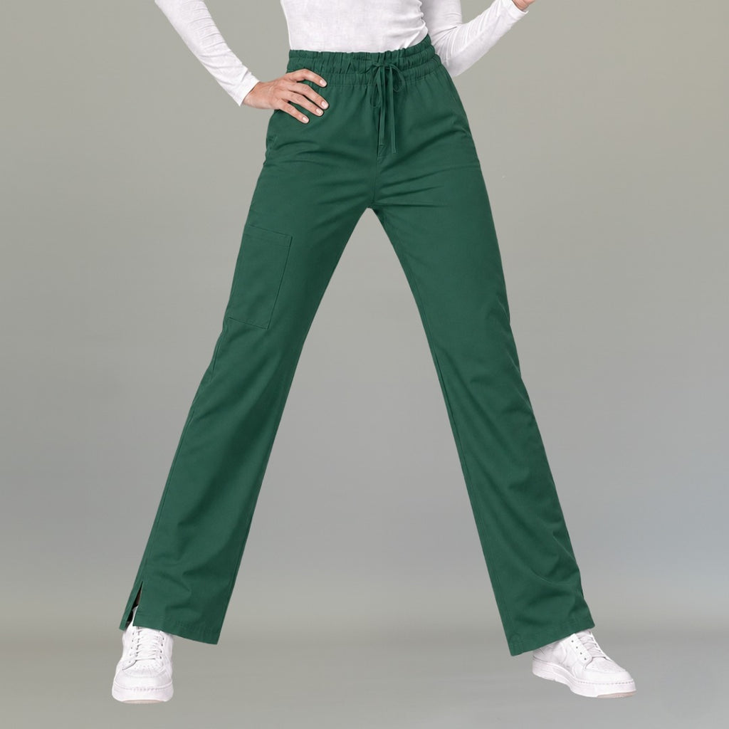 Women's bottle green lightweight scrub pants 502 front view with drawstring waist and side slit hem — S-FOR-ME fluid-resistant medical uniform