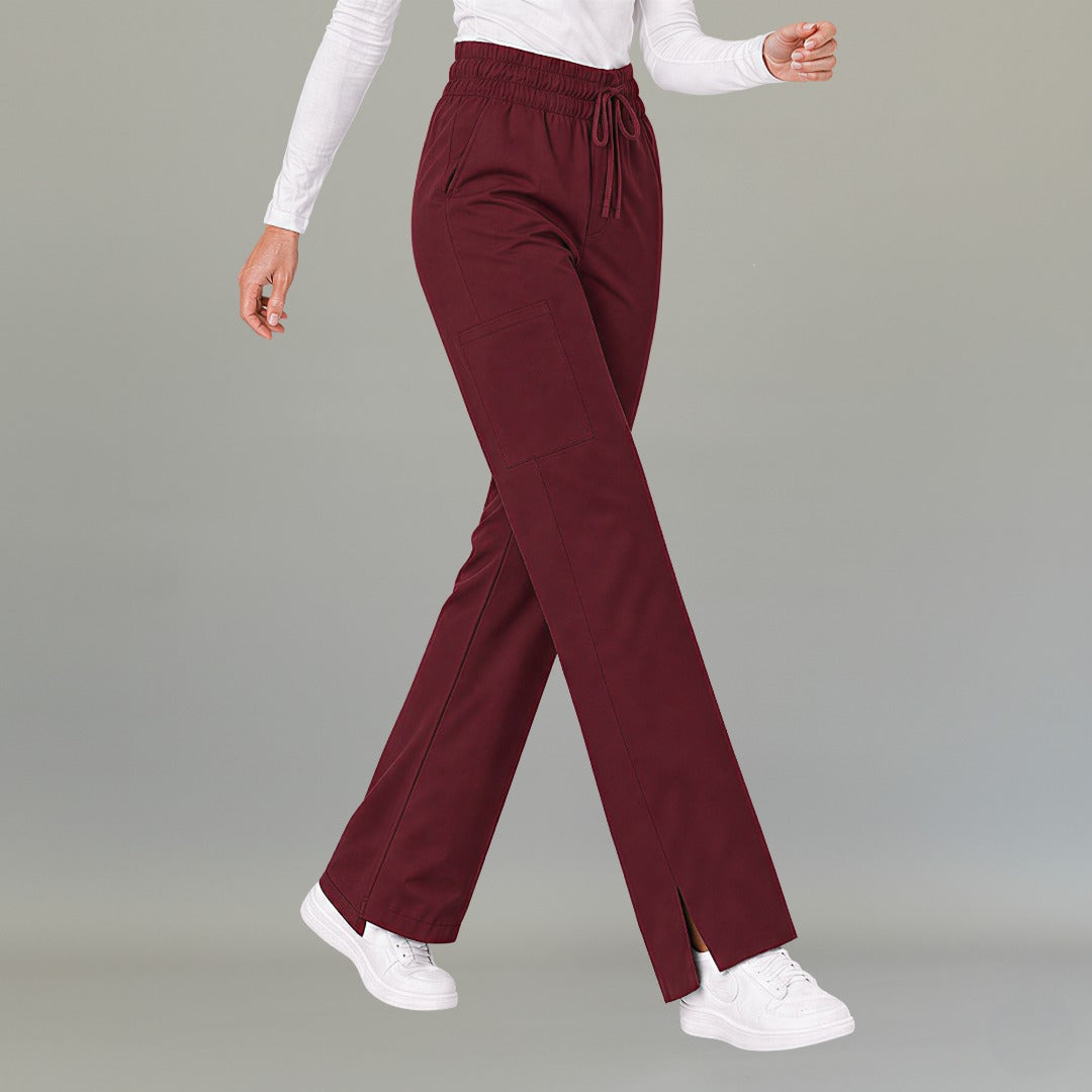 Women's maroon lightweight scrub pants 502 front view with drawstring waist and cargo pocket — S-FOR-ME fluid-resistant medical uniform