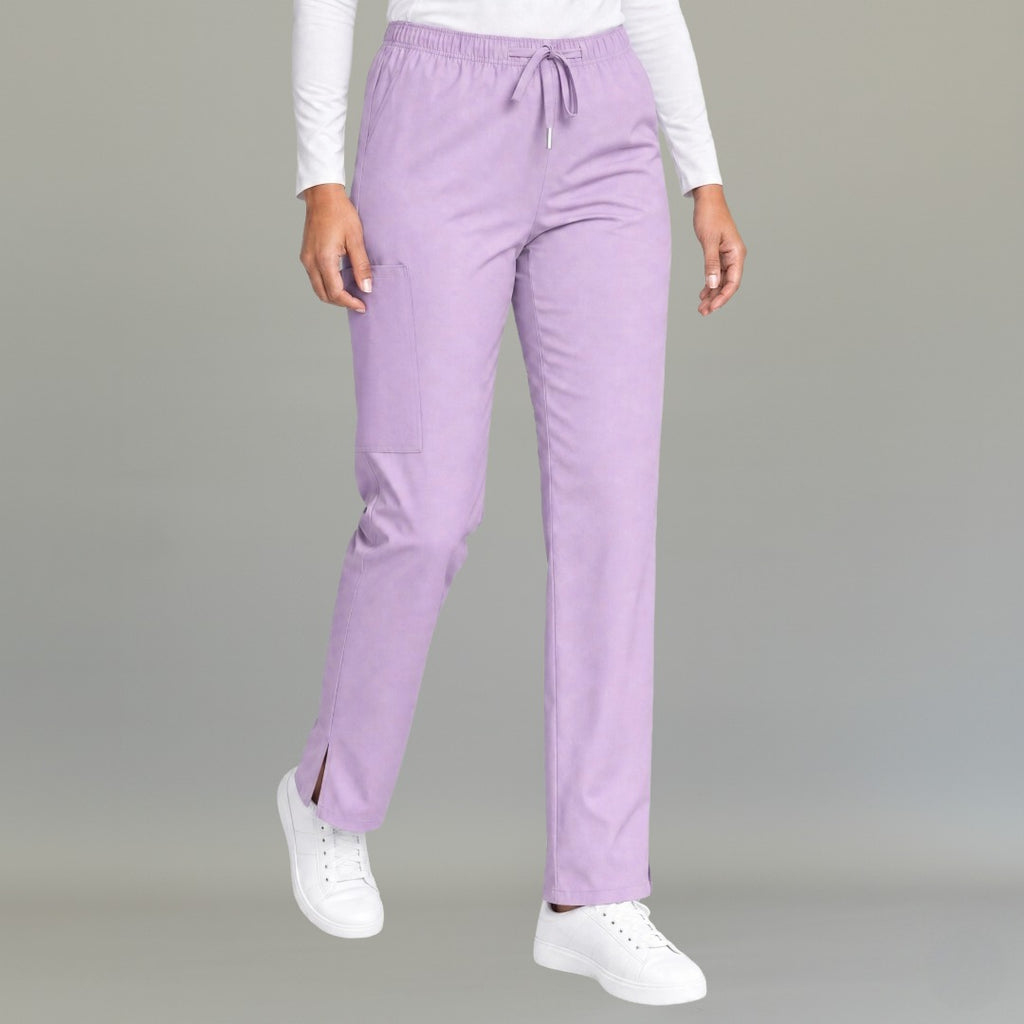 Women's lilac lightweight scrub pants 502 front view with drawstring waist and cargo pocket — S-FOR-ME fluid-resistant medical uniform