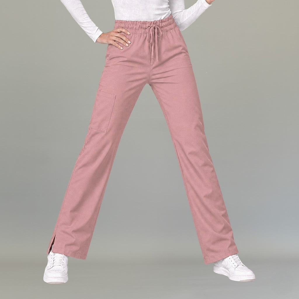 Women's dusty pink lightweight scrub pants 502 front view with drawstring waist and side slit hem — S-FOR-ME fluid-resistant medical uniform