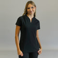 Women's black scrub top Style 915, short sleeves, straight front view on model