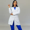 Women’s contoured fit white stretch lab coat with waterproof fabric by S-FOR-ME