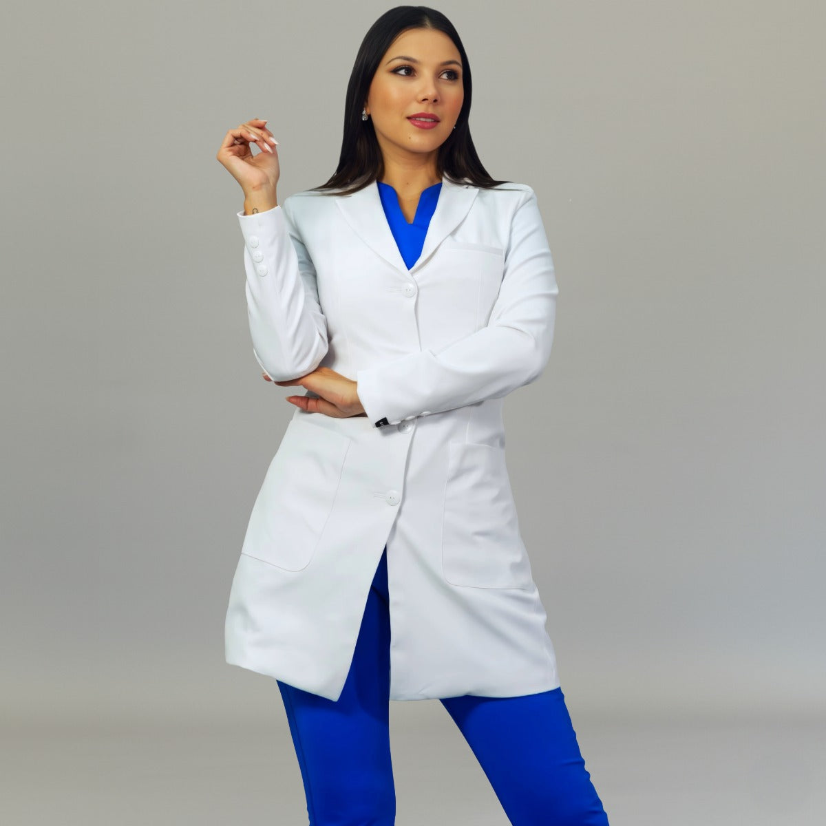 Women’s contoured fit white stretch lab coat with waterproof fabric by S-FOR-ME
