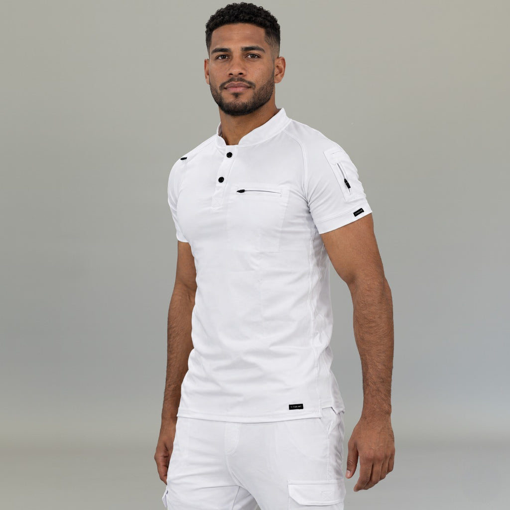 Men’s 901 white super stretch scrub top front view by S-FORME