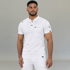 Close-up of men’s white medical scrub top with chest pocket