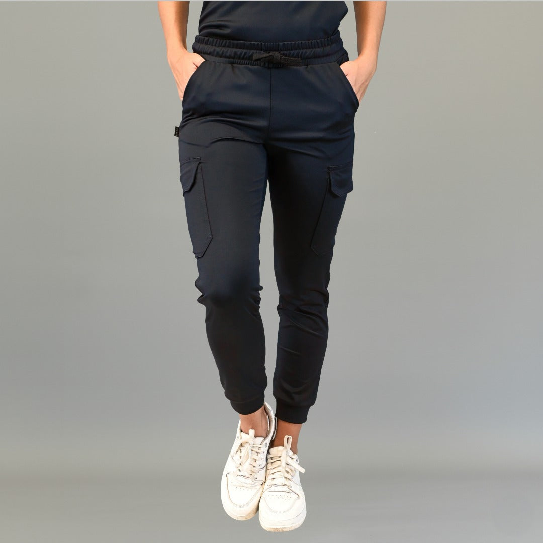 Front view of black 910 jogger pants with side cargo pockets and a drawstring waist.