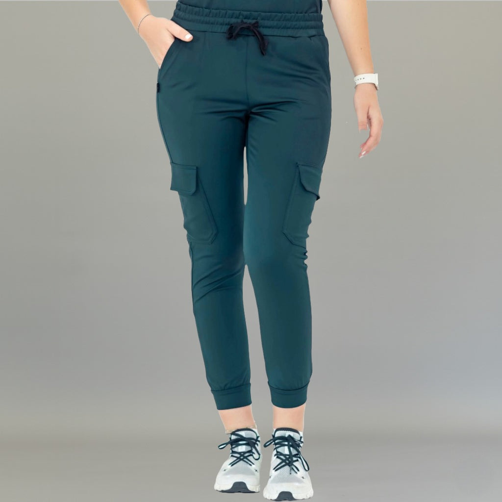 Women’s Pants 910 Airforce Blue super stretch scrub pants front view with cargo pockets and jogger cuffs