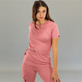 Front view of the rosewood scrub top, showing the tailored fit and short sleeves.