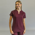 Women's Style 915 maroon scrub top, front view, smiling model