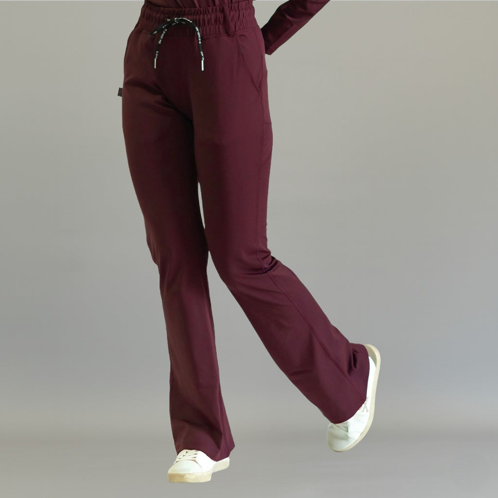 Women's maroon flare scrub pants, Style 915, front view