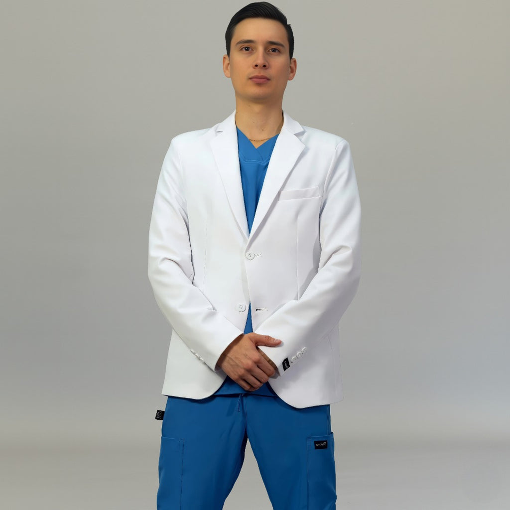 Front view of mens white slim-fit medical jacket with chest welt pocket - SFORME
