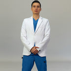 Front view of mens white slim-fit medical jacket with chest welt pocket - SFORME