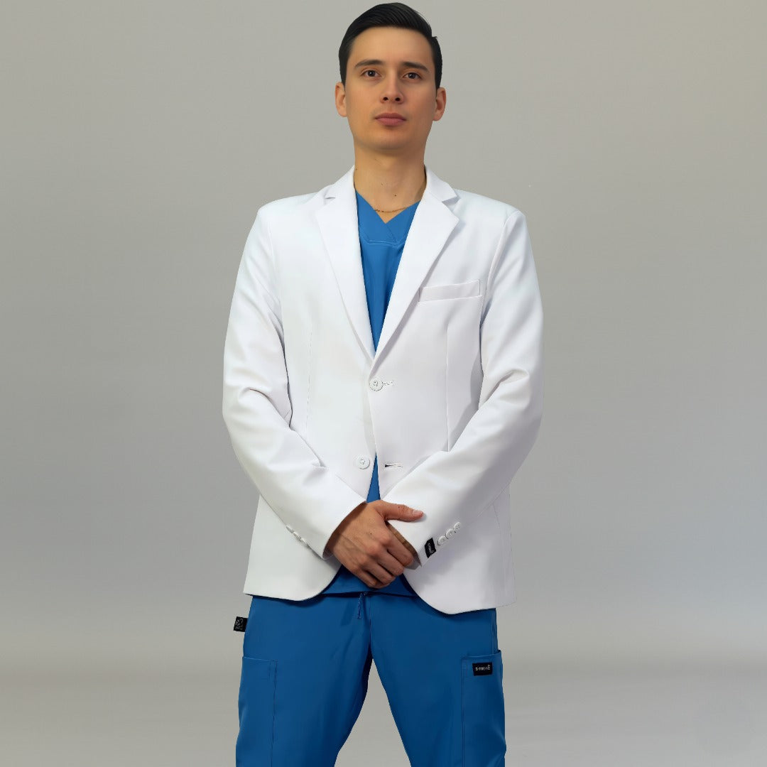 Front view of mens white slim-fit medical jacket with chest welt pocket - SFORME
