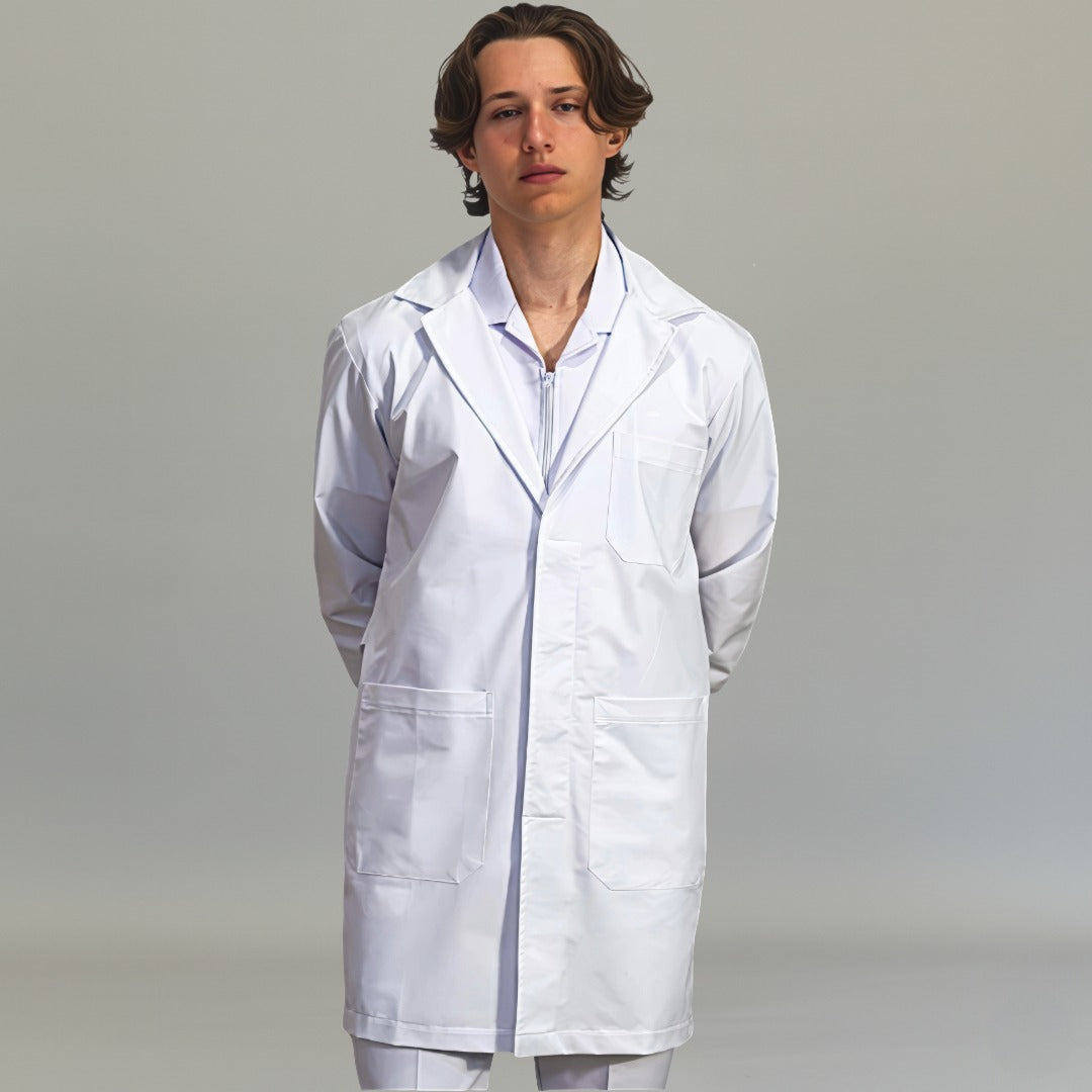 Mens white Alviero lab coat with three pockets and tailored clinical fit - SFORME