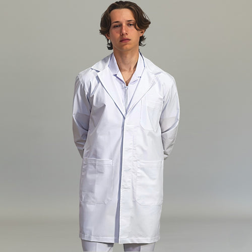 Mens white Alviero lab coat with three pockets and tailored clinical fit - SFORME