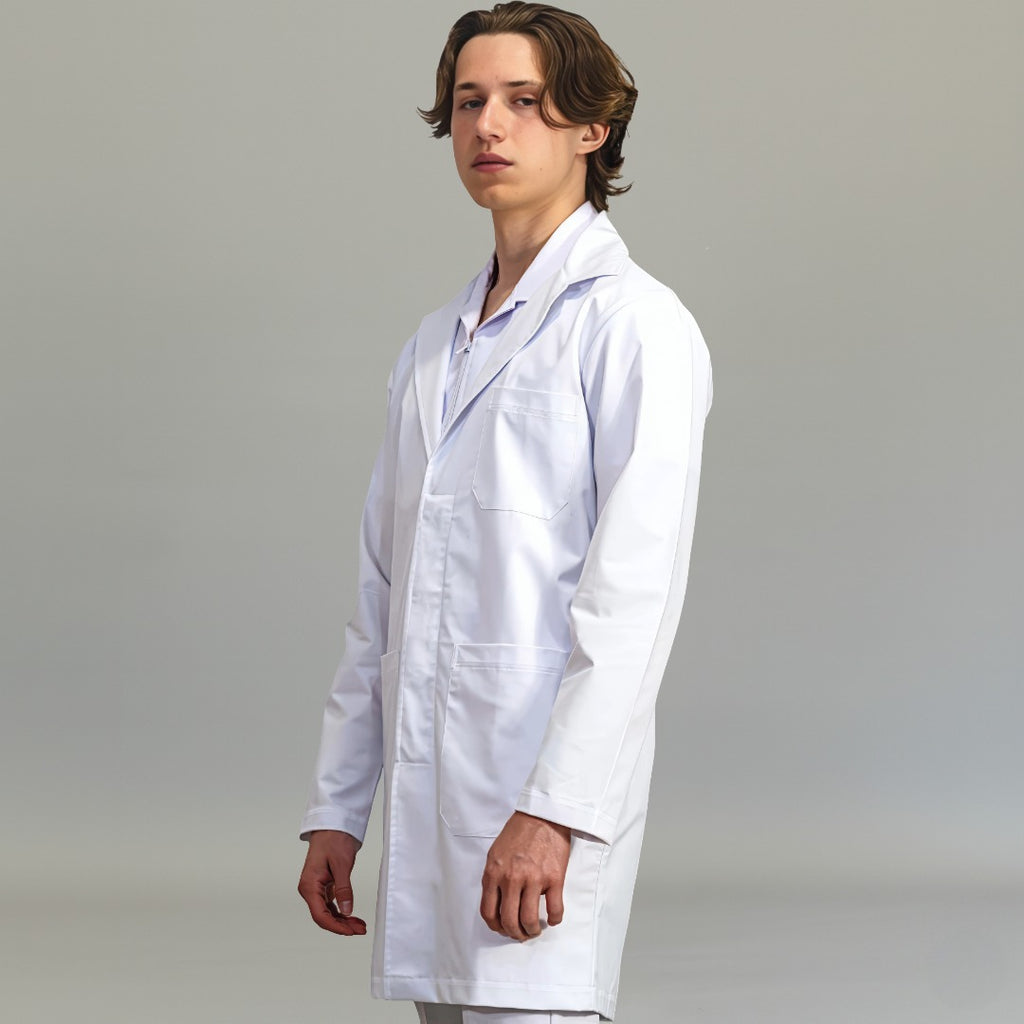 Mens Alviero white fluid-resistant lab coat with covered buttons, front view - SFORME