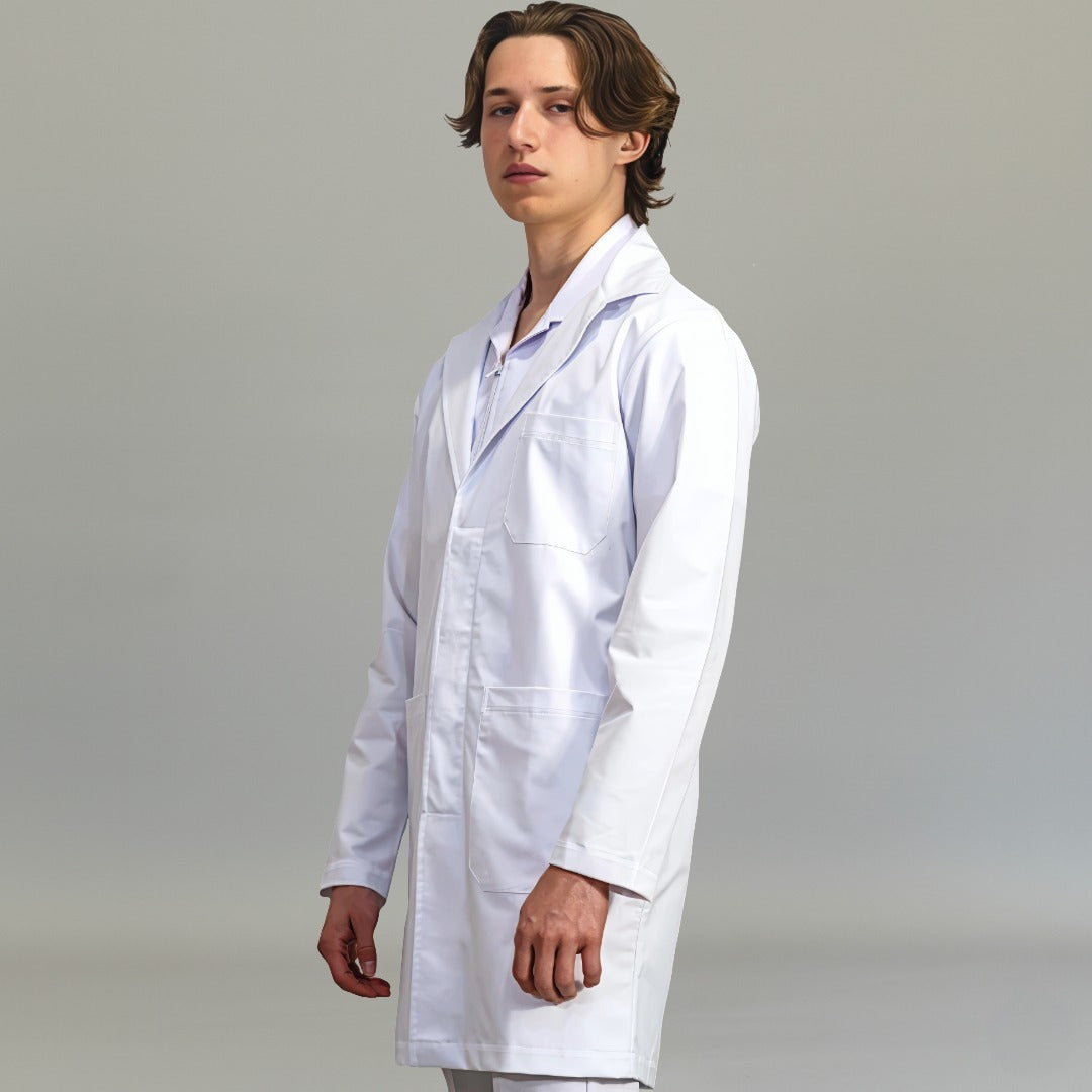 Mens Alviero white fluid-resistant lab coat with covered buttons, front view - SFORME