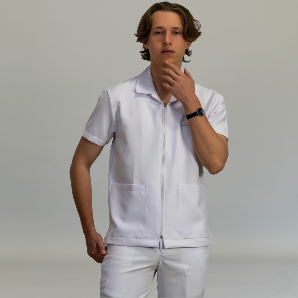 Mens Alviero white sport collar zip scrub top with short sleeves, front view - SFORME