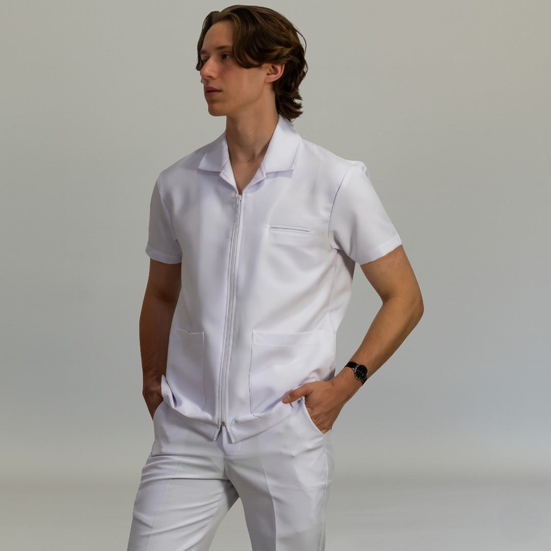 Mens white Alviero fluid-resistant zip scrub top with sport collar - SFORME