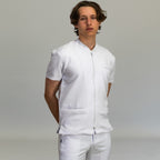 Mens white Mandarin collar zip scrub top front view - SFORME medical uniforms