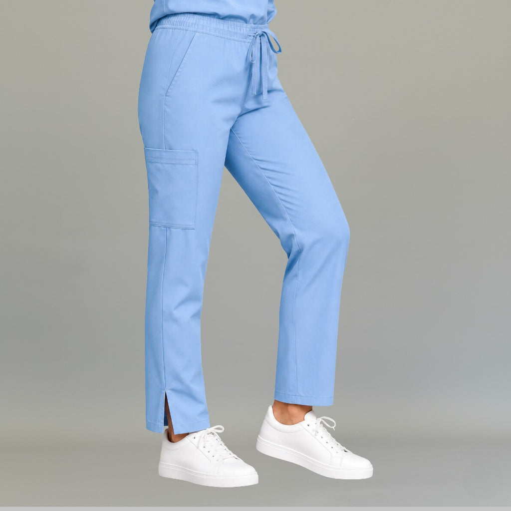 Side view of women's 502 sky blue scrub pants showing cargo pocket detail — lightweight fluid-resistant nursing pants by S-FOR-ME