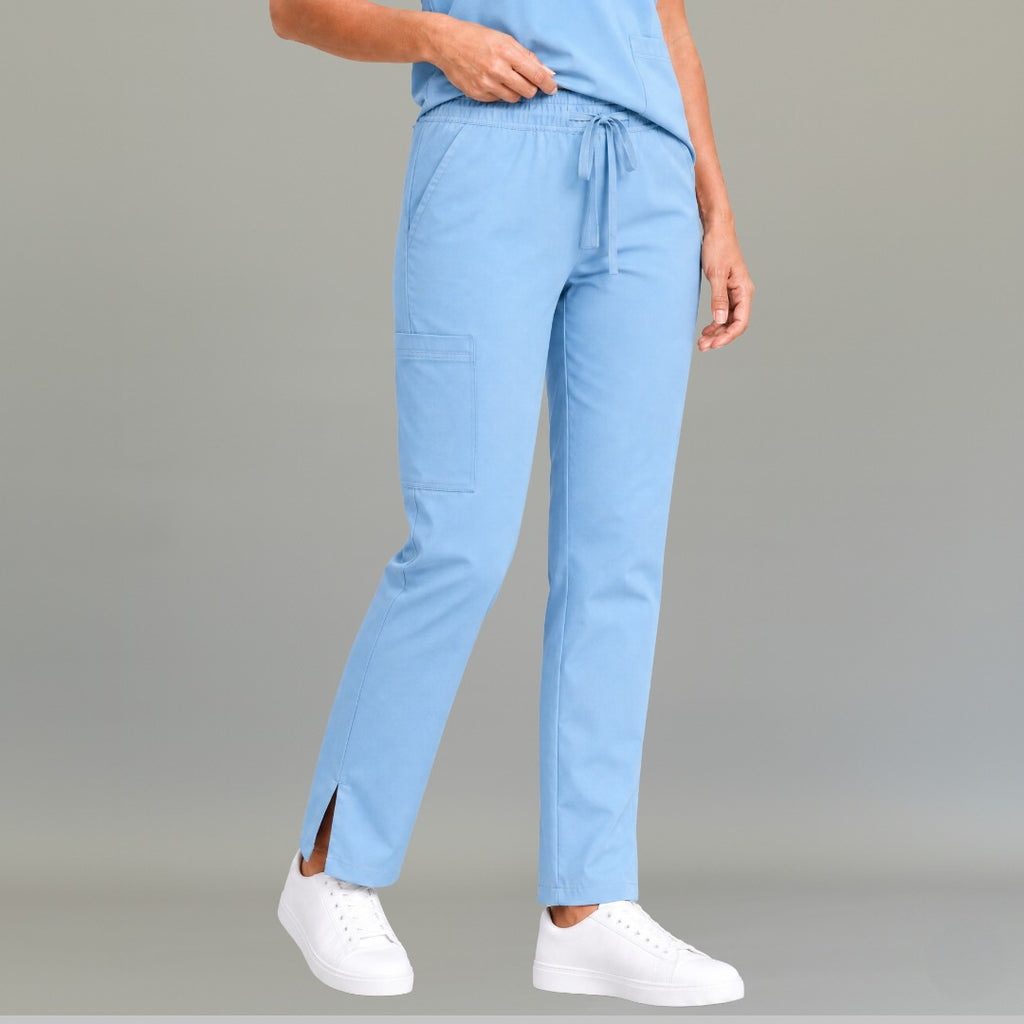 Women's sky blue lightweight scrub pants 502 front view with drawstring waist and side slit hem — S-FOR-ME fluid-resistant medical uniform