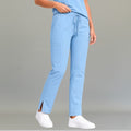Women's sky blue lightweight scrub pants 502 front view with drawstring waist and side slit hem — S-FOR-ME fluid-resistant medical uniform