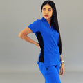 Royal blue women's scrub top with black contrast detail by S-FORME