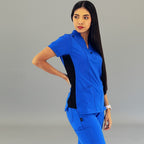 Royal blue women's scrub top with black contrast detail by S-FORME
