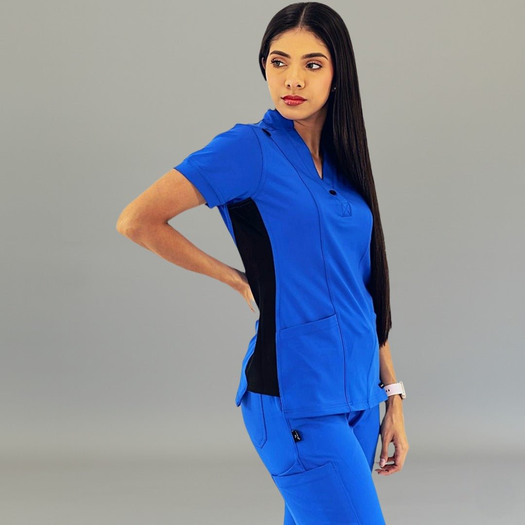 Royal blue women's scrub top with black contrast detail by S-FORME