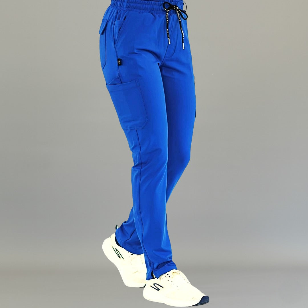 Royal blue women’s scrub pants with slim tapered fit