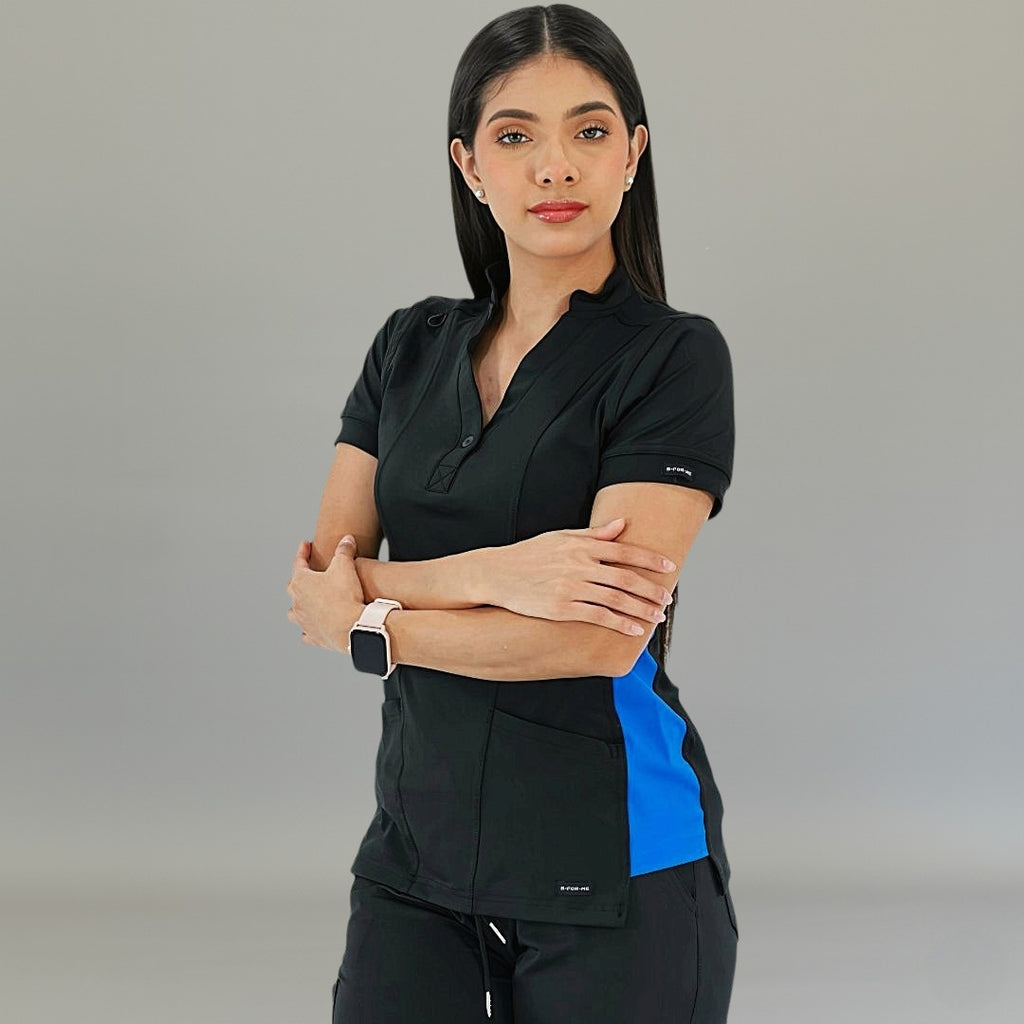 Women's 930 Black-Royal Blue super stretch scrub top by S-FORME front view