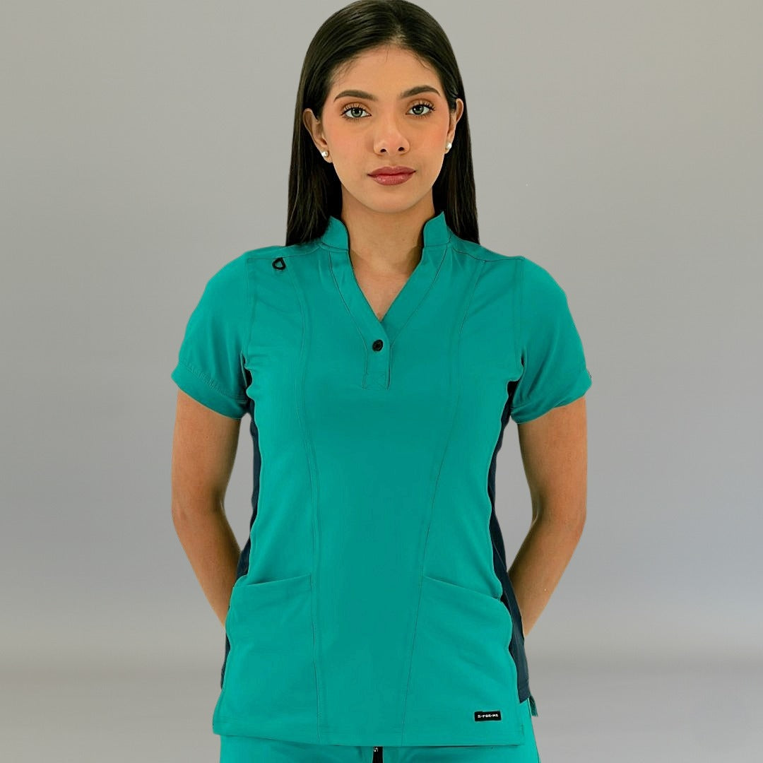 Side view of Women's 930 Teal Green/Navy slim fit healthcare scrub top