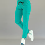 Women's 930 Teal Green super stretch scrub pants front view by S-FORME