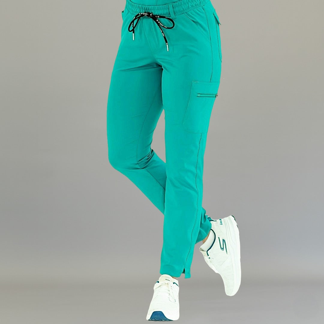 Women's 930 Teal Green super stretch scrub pants front view by S-FORME
