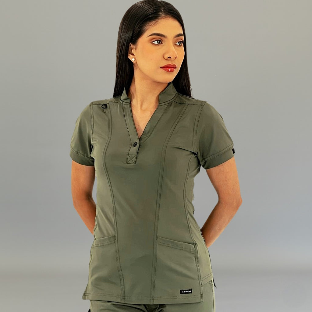 Women's Top 930 Olive Green Super Stretch scrub top front view by S-FORME