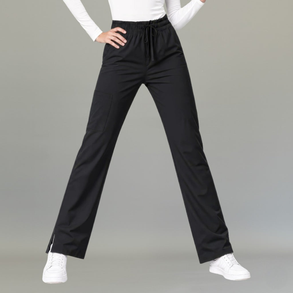 Women's black lightweight scrub pants 502 front view with drawstring waist and cargo pocket — S-FOR-ME fluid-resistant medical uniform