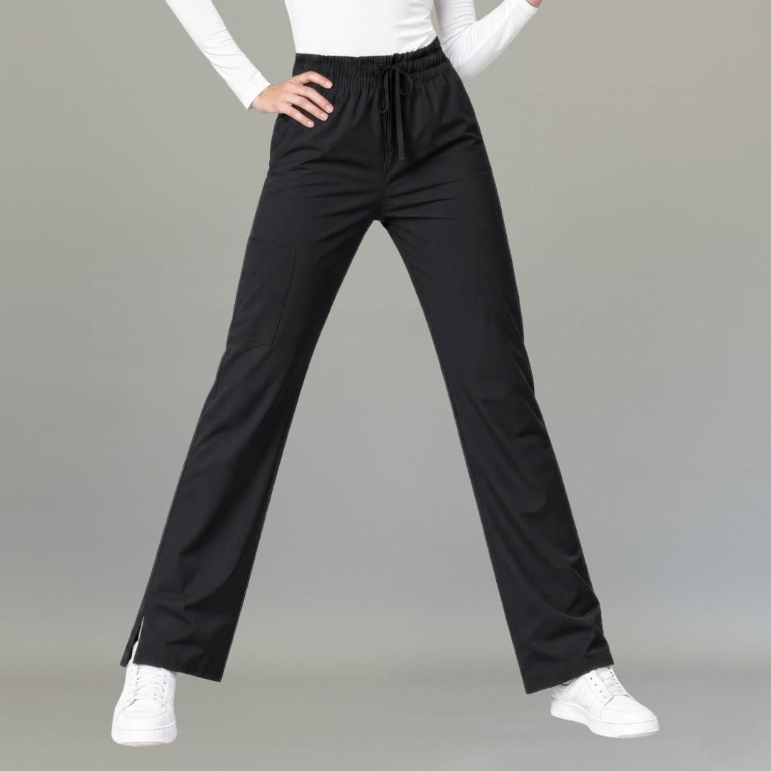 Women's black lightweight scrub pants 502 front view with drawstring waist and cargo pocket — S-FOR-ME fluid-resistant medical uniform