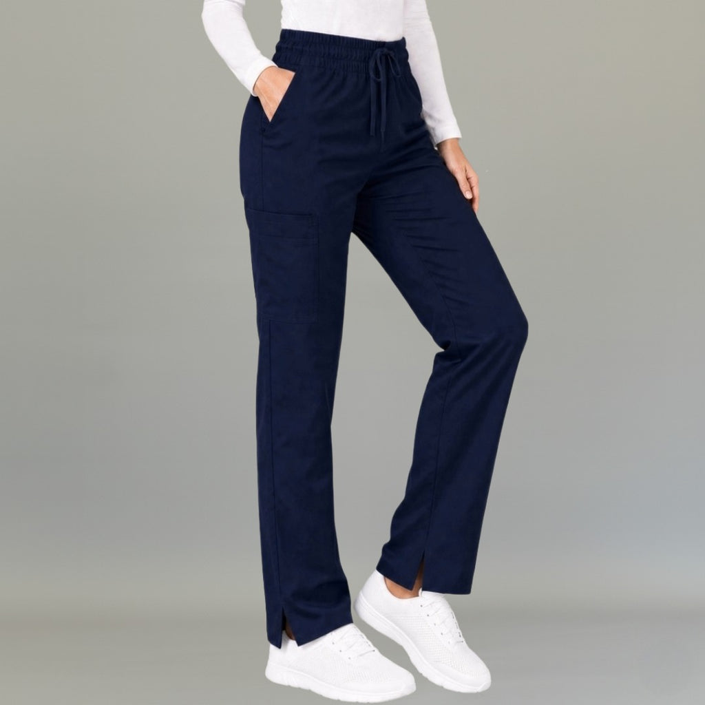 Women's navy blue lightweight scrub pants 502 with drawstring waist and side slit hem — S-FOR-ME fluid-resistant medical uniform