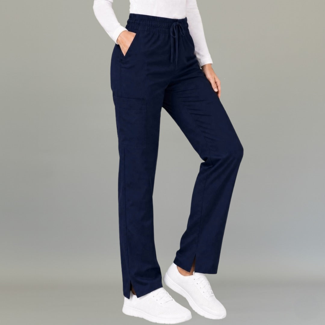 Women's navy blue lightweight scrub pants 502 with drawstring waist and side slit hem — S-FOR-ME fluid-resistant medical uniform