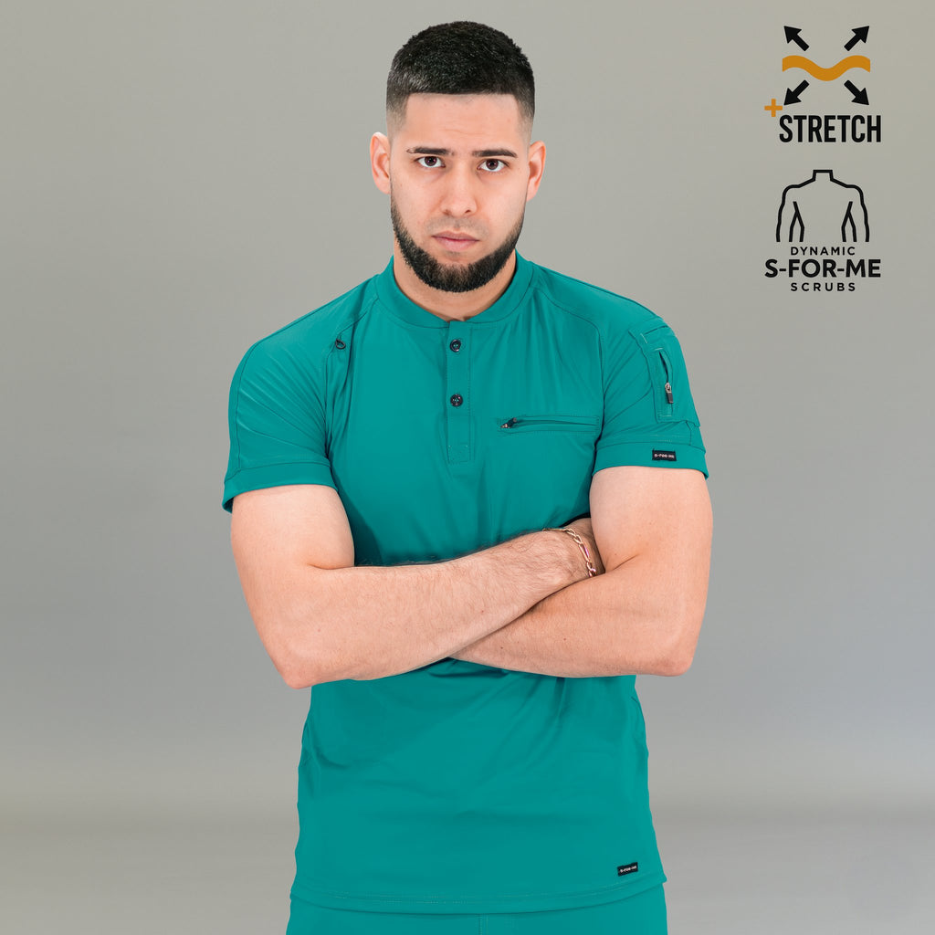 Teal blue scrub top men sleeve zipper pocket chest welt pocket