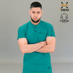 Teal blue scrub top men sleeve zipper pocket chest welt pocket