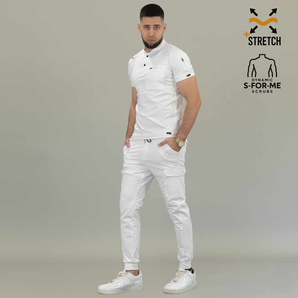 Side full-body view of men’s white 901 scrub top and scrub pants