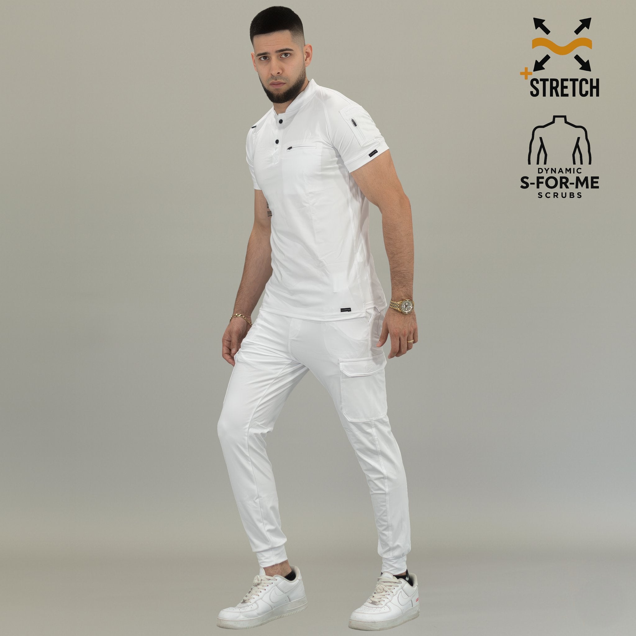 Detail of cargo pocket on men’s white easy-care scrub jogger pants